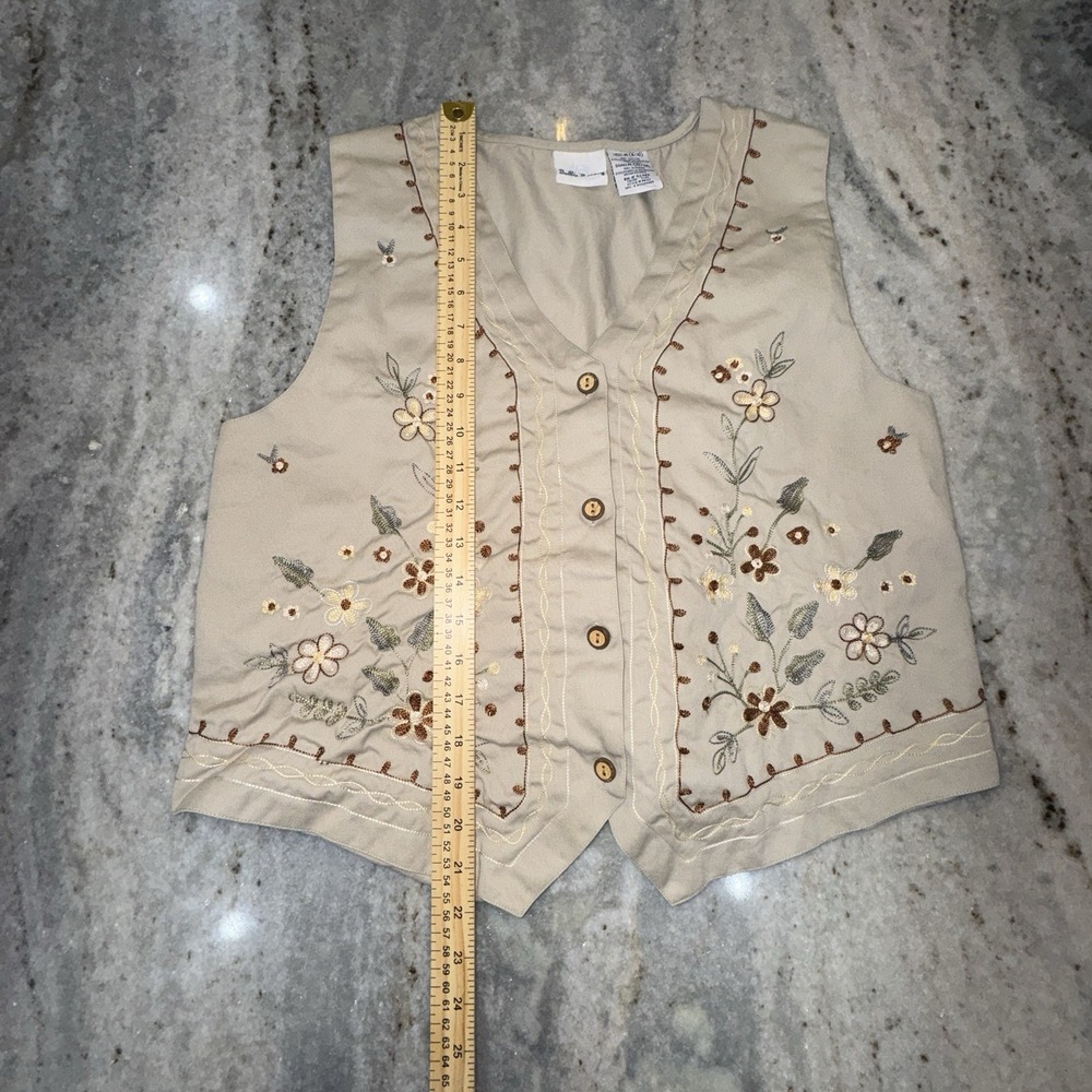 Vintage Bobbie Brooks Sz M Khaki Best Embroidered Flowers Wood Button - Picture 4 of 6